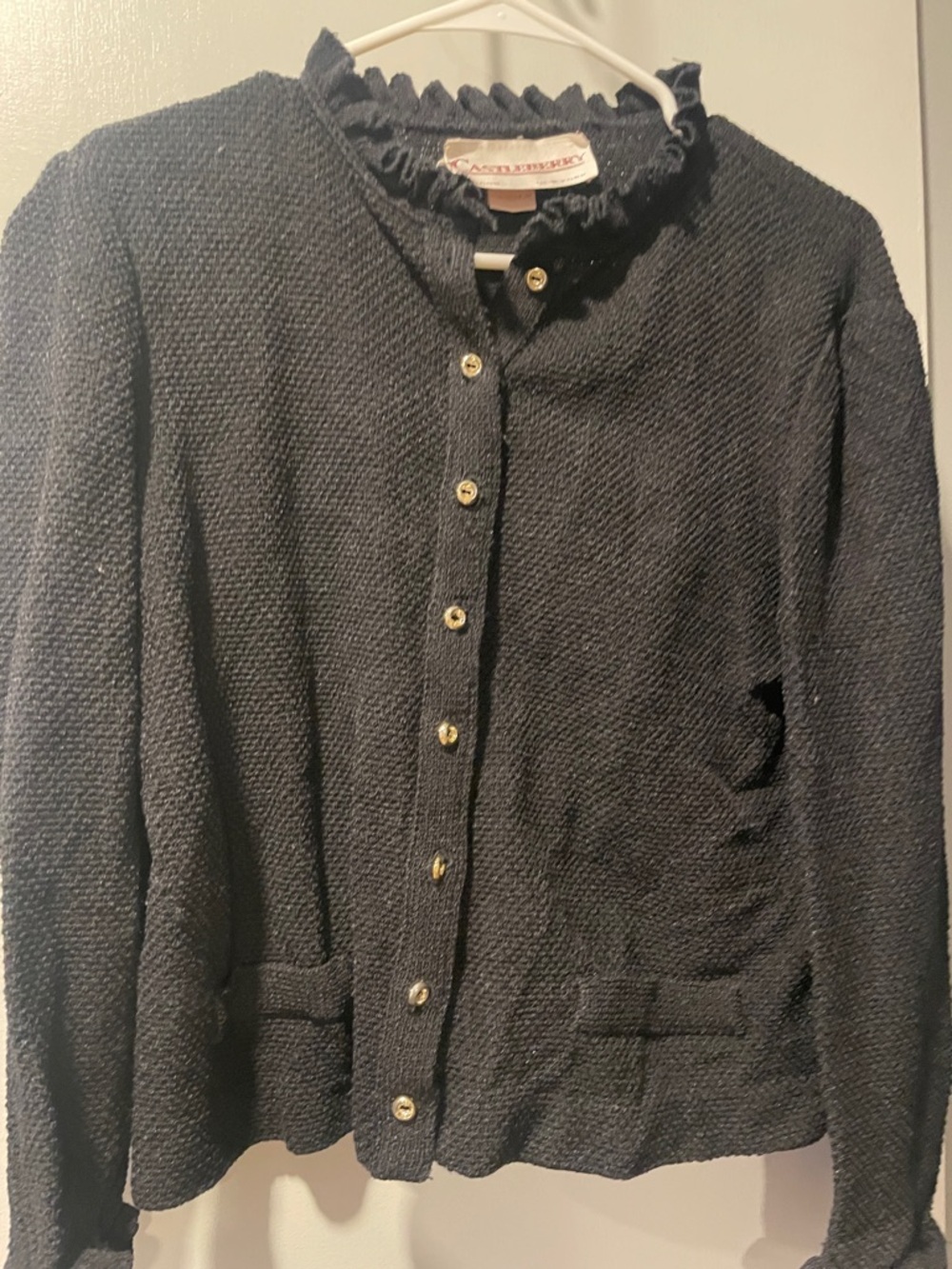 Vintage Castleberry Black Textured Button-Front Women's Jacket size 16 ruffles